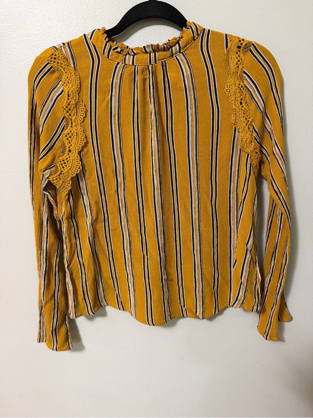 Self Esteem Mustard Stripe Blouse Lace Ruffle Mock Neck Tie Back Long Sleeve